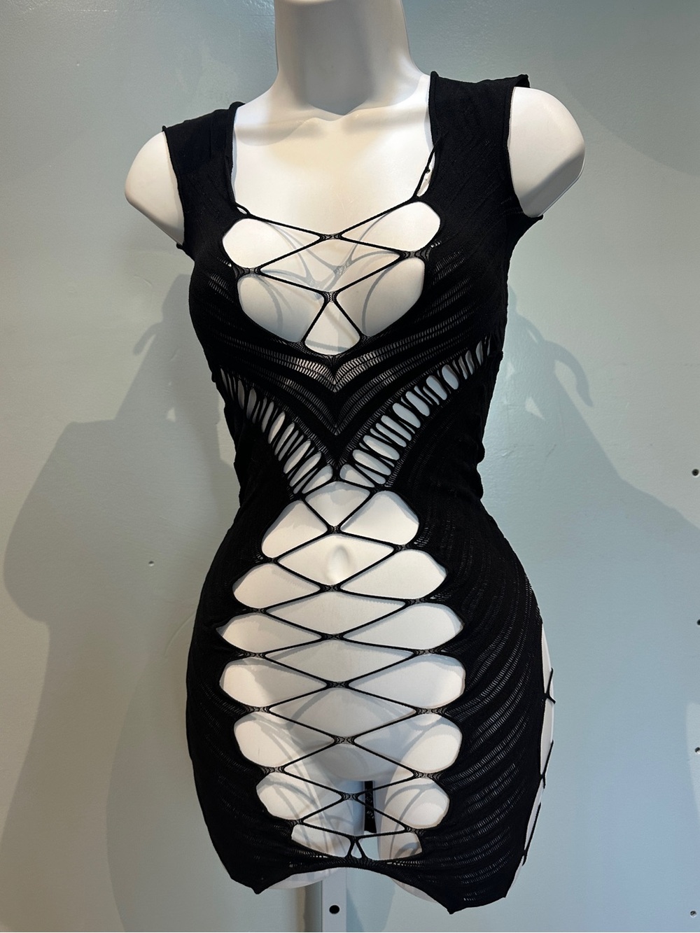 Pink Lipstick Black Fishnet One Size Lingerie Dress with Cutouts NWOT